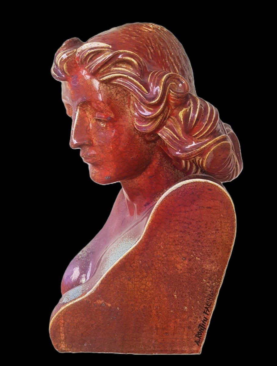 Grande Sculpture Demi-buste Féminin terre cuite Vernissée  Lustrée Signée Aldo  Rontini