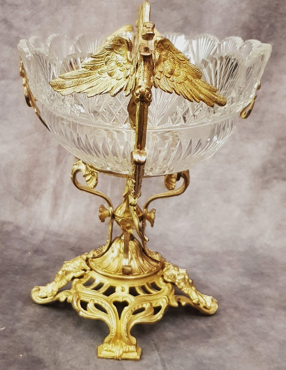 Ancienne Coupe Ovale En Cristal Taillé Style Charles X Et Son Support En Bronze-photo-3