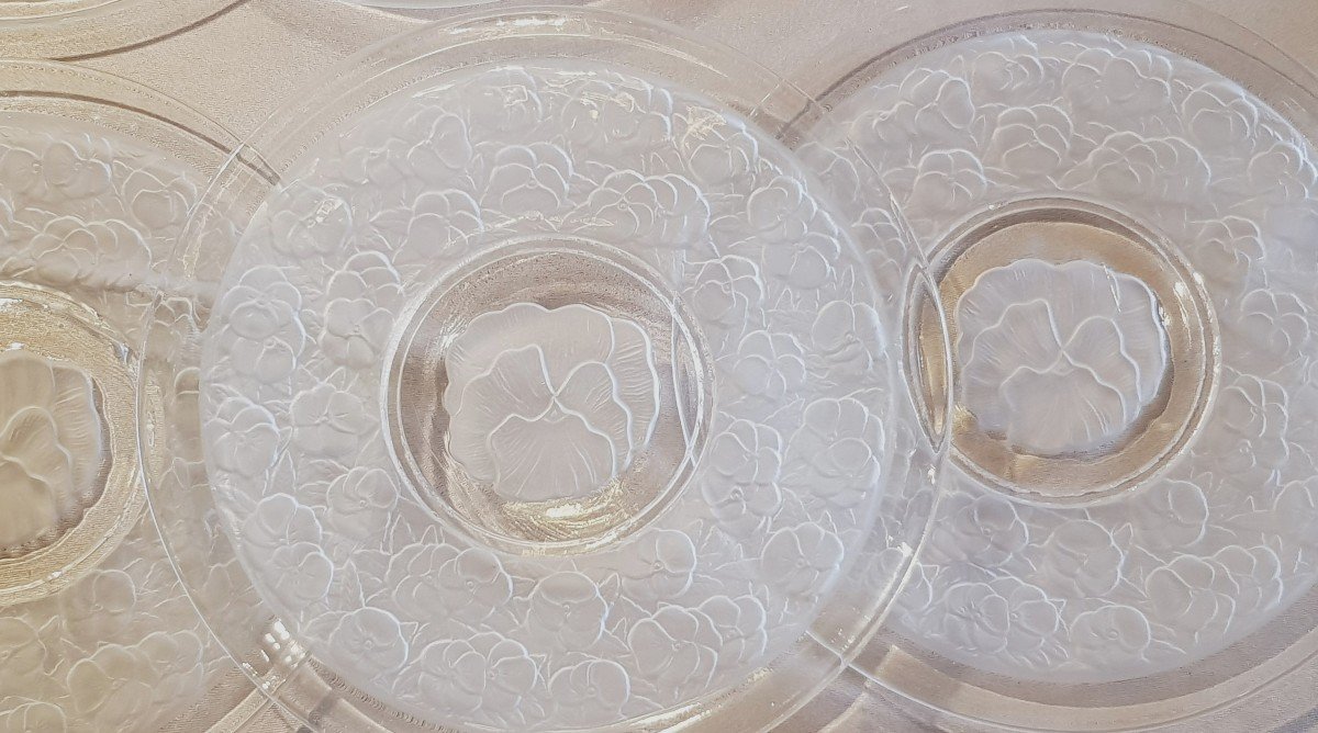 Set Of Six Small Molded Glass Plates Decorated With Pansy Violets-photo-4