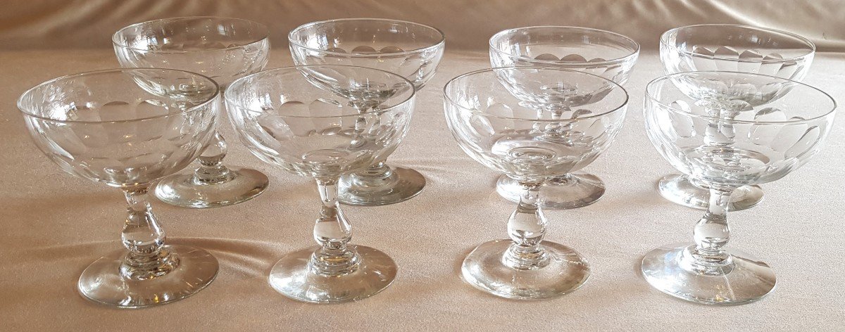 Series Of 8 Antique Champagne Glasses In Cut Crystal