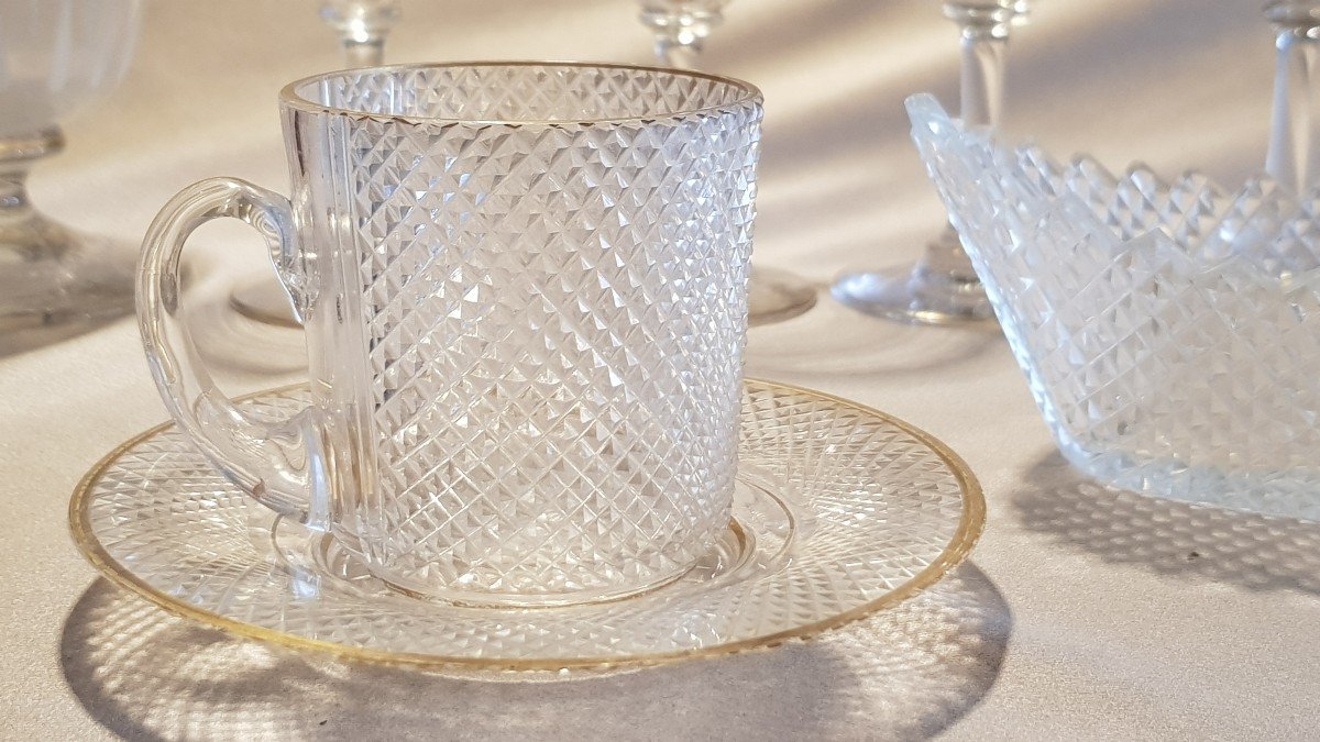 Pair Of Small Cups And Antique Sugar Bowl In Diamond-cut Crystal From The Charles X Period-photo-4