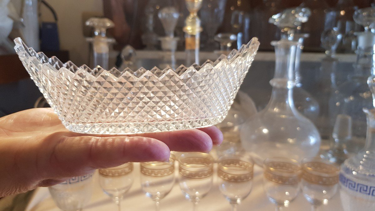 Pair Of Small Cups And Antique Sugar Bowl In Diamond-cut Crystal From The Charles X Period-photo-3