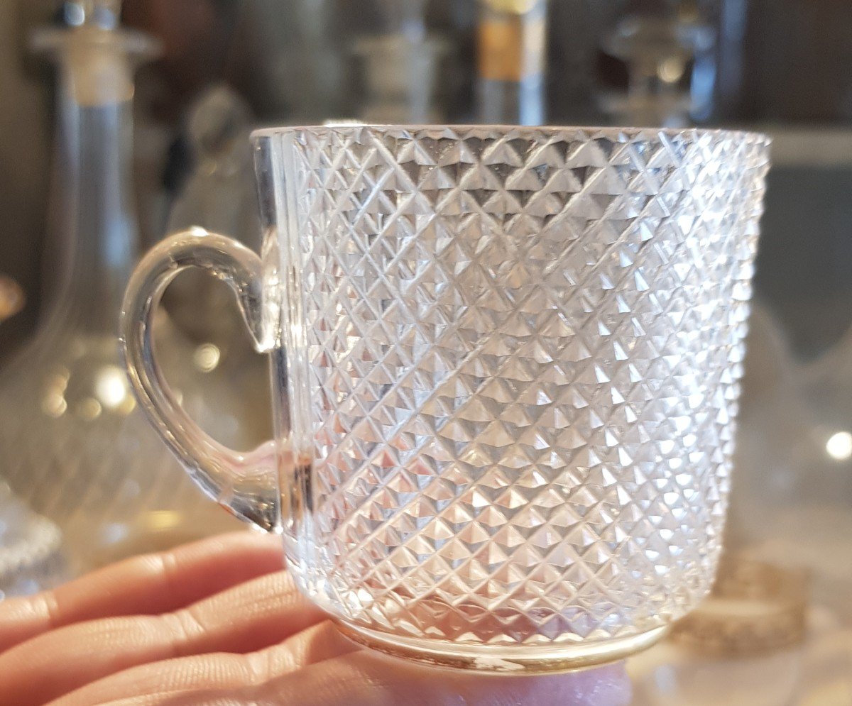 Pair Of Small Cups And Antique Sugar Bowl In Diamond-cut Crystal From The Charles X Period-photo-1