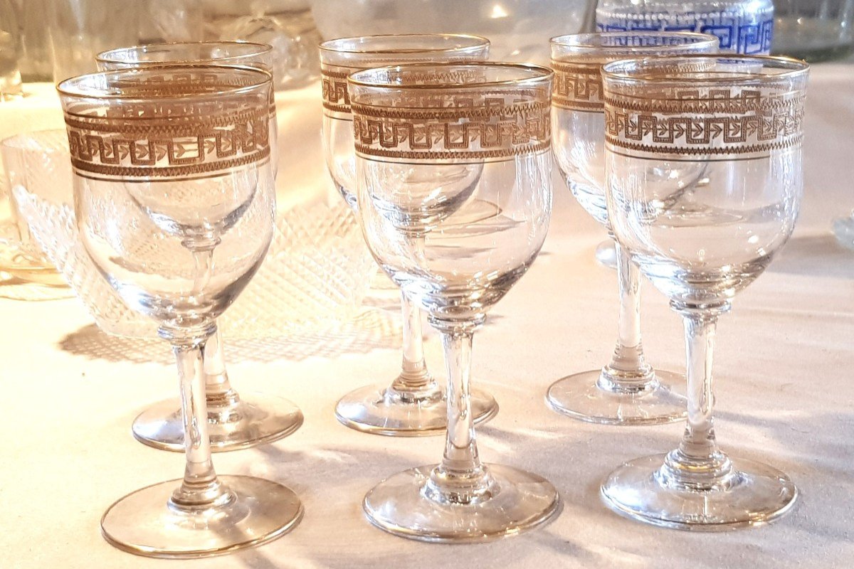 Serie De Six Verres  à vin En Cristal Anciens Frise En Or-photo-6