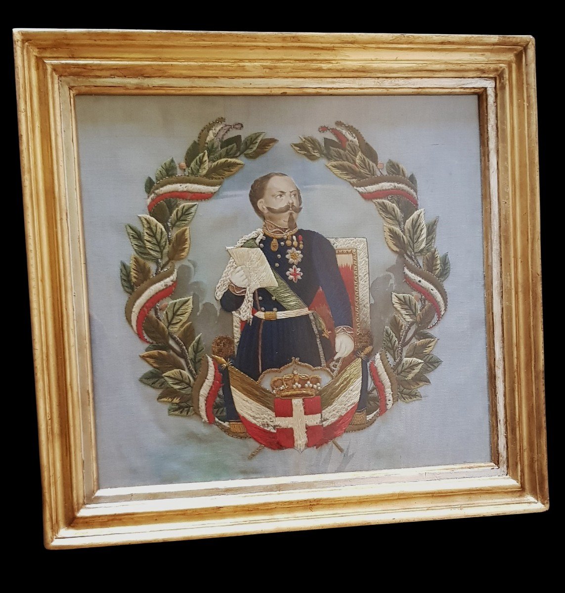 Vittorio Emanuele II Of Savoy Embroidery And Painting Framed 19th Century-photo-2