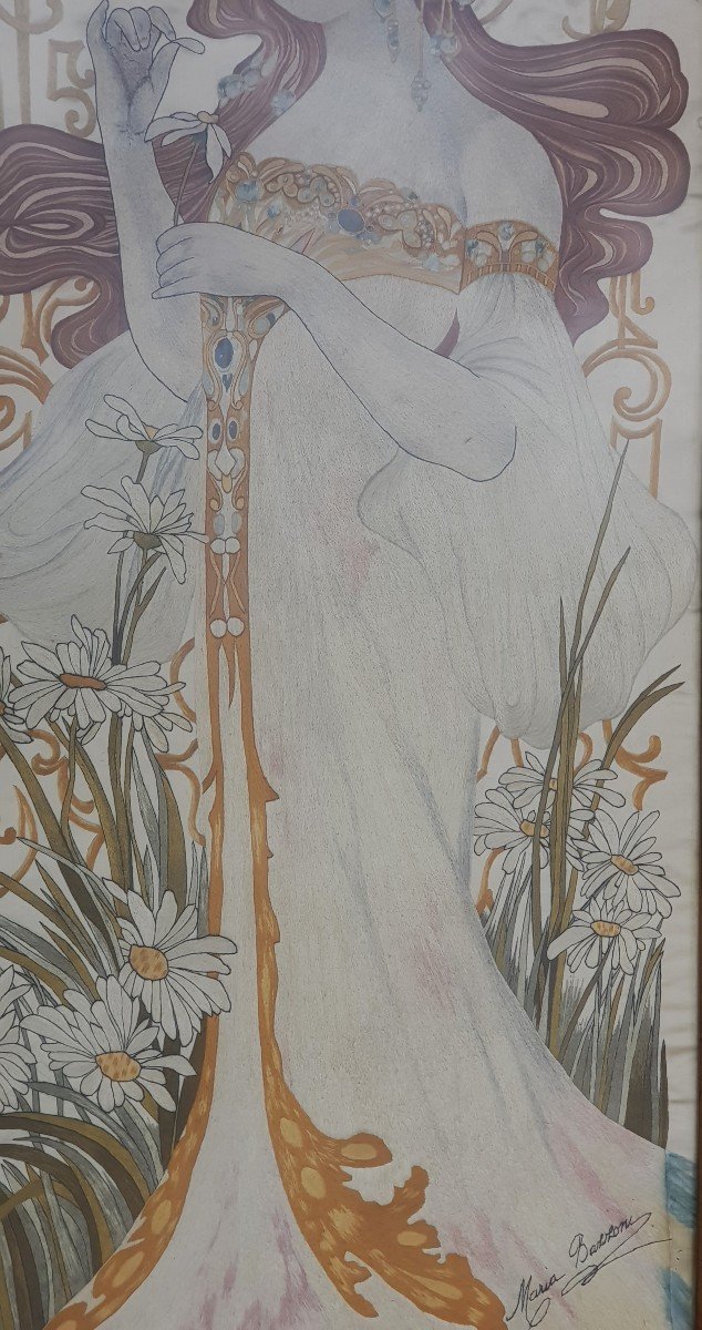 Tableau Broderie Peinture à l'Aiguille Sur Soie Art Nouveau Signé-photo-4