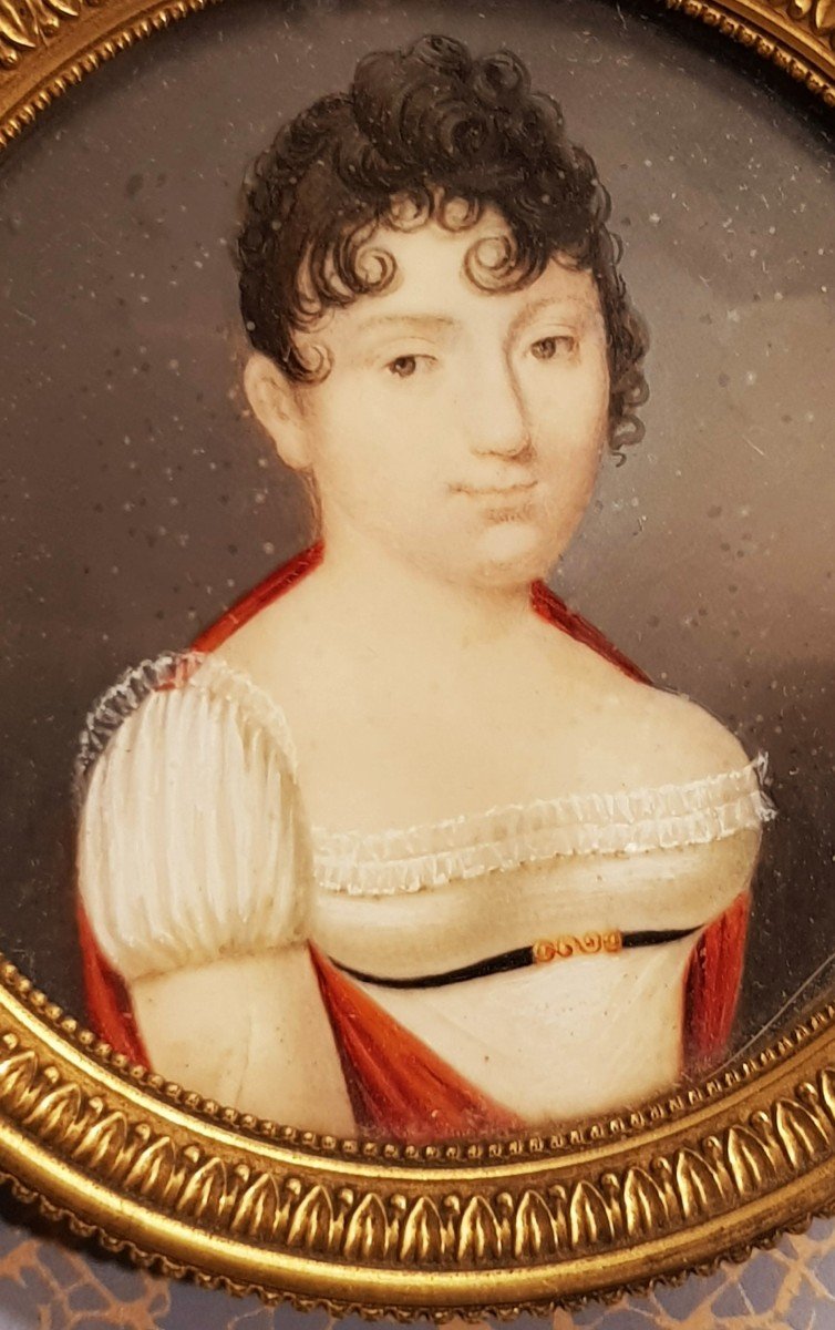 Antique Miniature Portrait Empire Period Young Noble Woman-photo-2