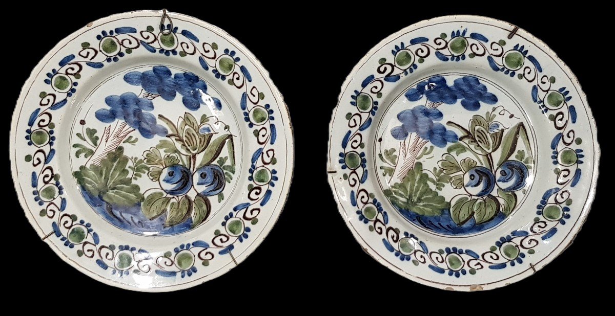 Pair Of Antique Earthenware Plates From Delft Netherlands 18th Century