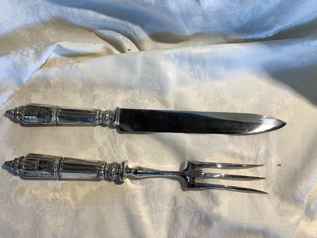 Pair Of Antique 19th Century Serving Cutlery With Silver Handle-photo-3