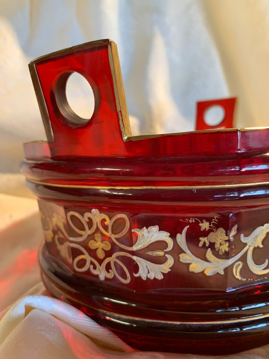 Antique Bohemian Crystal Bucket Circa 1850 In Ruby Glass And Gold Decorations-photo-2