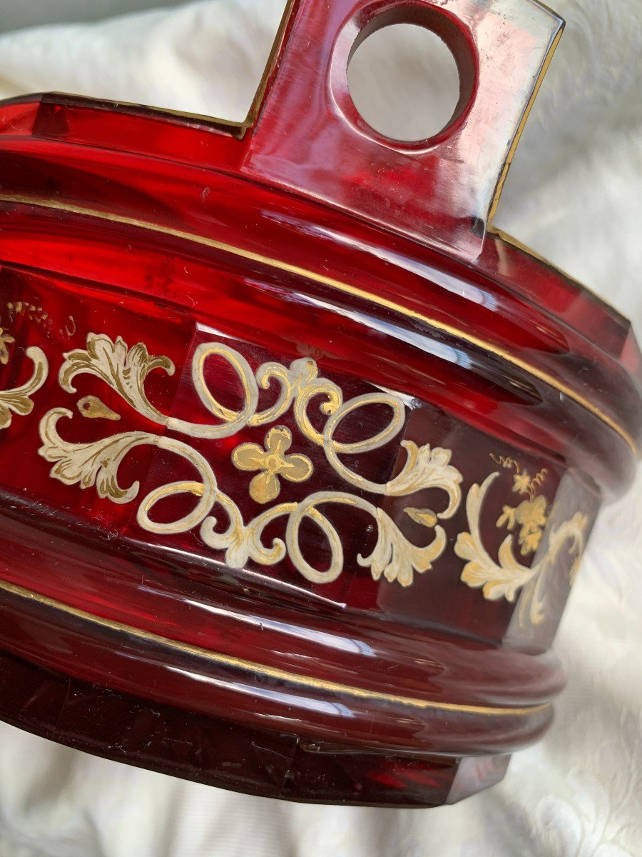 Antique Bohemian Crystal Bucket Circa 1850 In Ruby Glass And Gold Decorations-photo-3