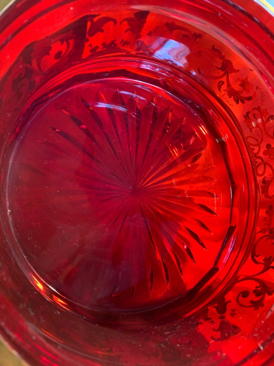 Seau Ancien En Cristal De Bohême Vers 1850 En Cristal Rouge Rubis Et Décors Dorés-photo-1