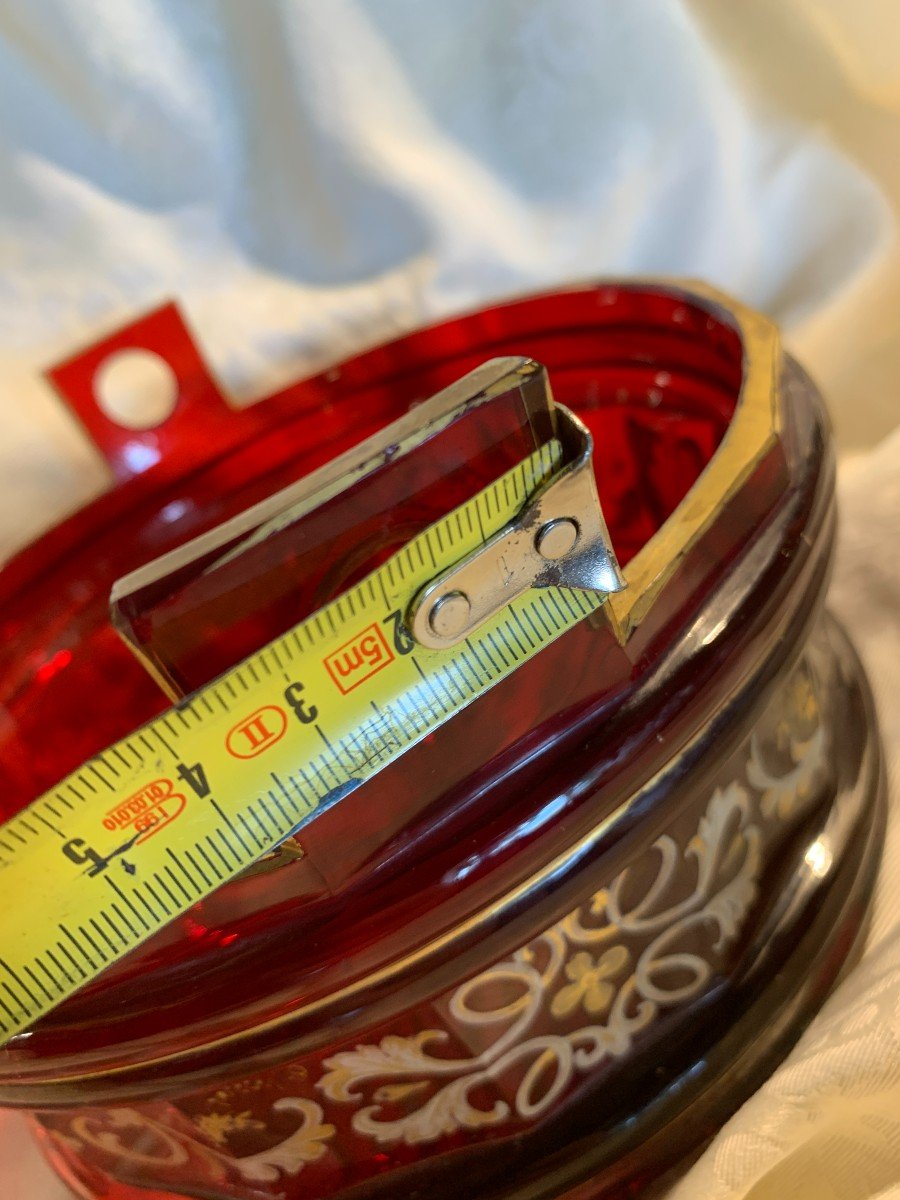 Antique Bohemian Crystal Bucket Circa 1850 In Ruby Glass And Gold Decorations-photo-2