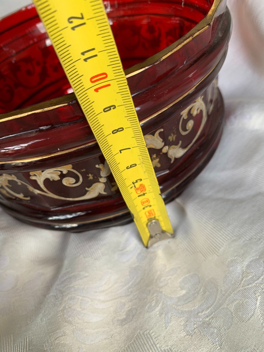 Antique Bohemian Crystal Bucket Circa 1850 In Ruby Glass And Gold Decorations-photo-5