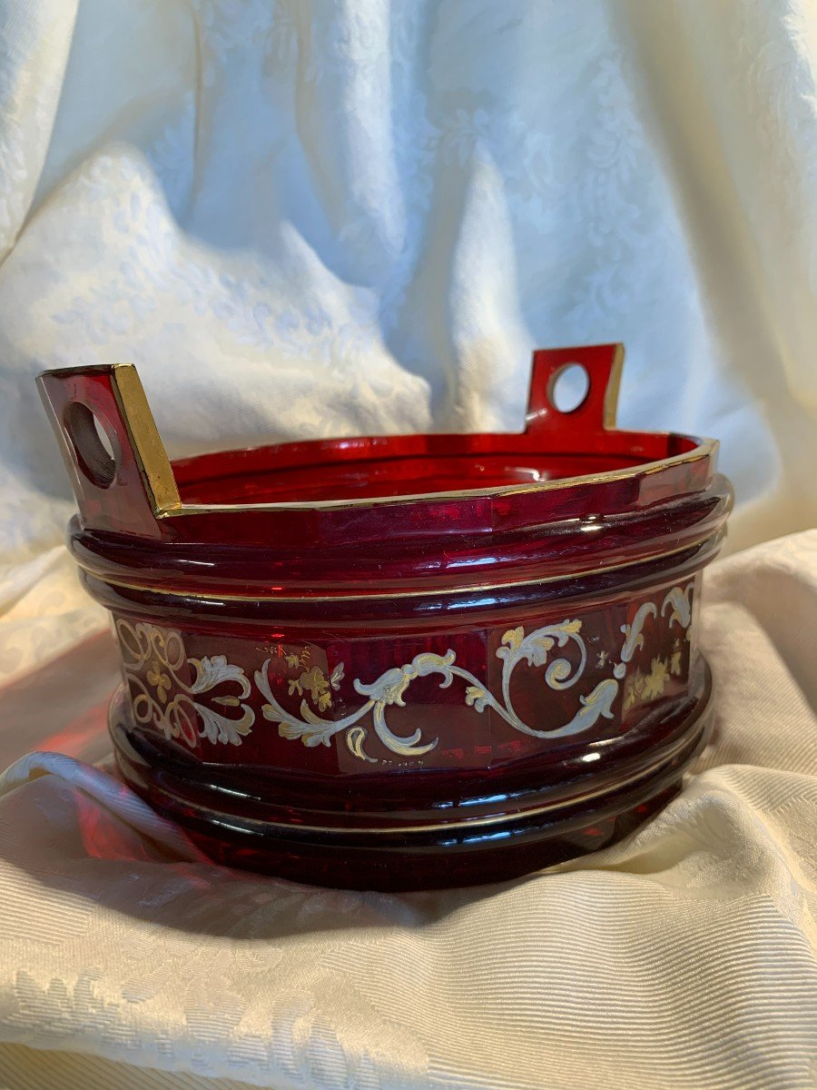 Antique Bohemian Crystal Bucket Circa 1850 In Ruby Glass And Gold Decorations-photo-6