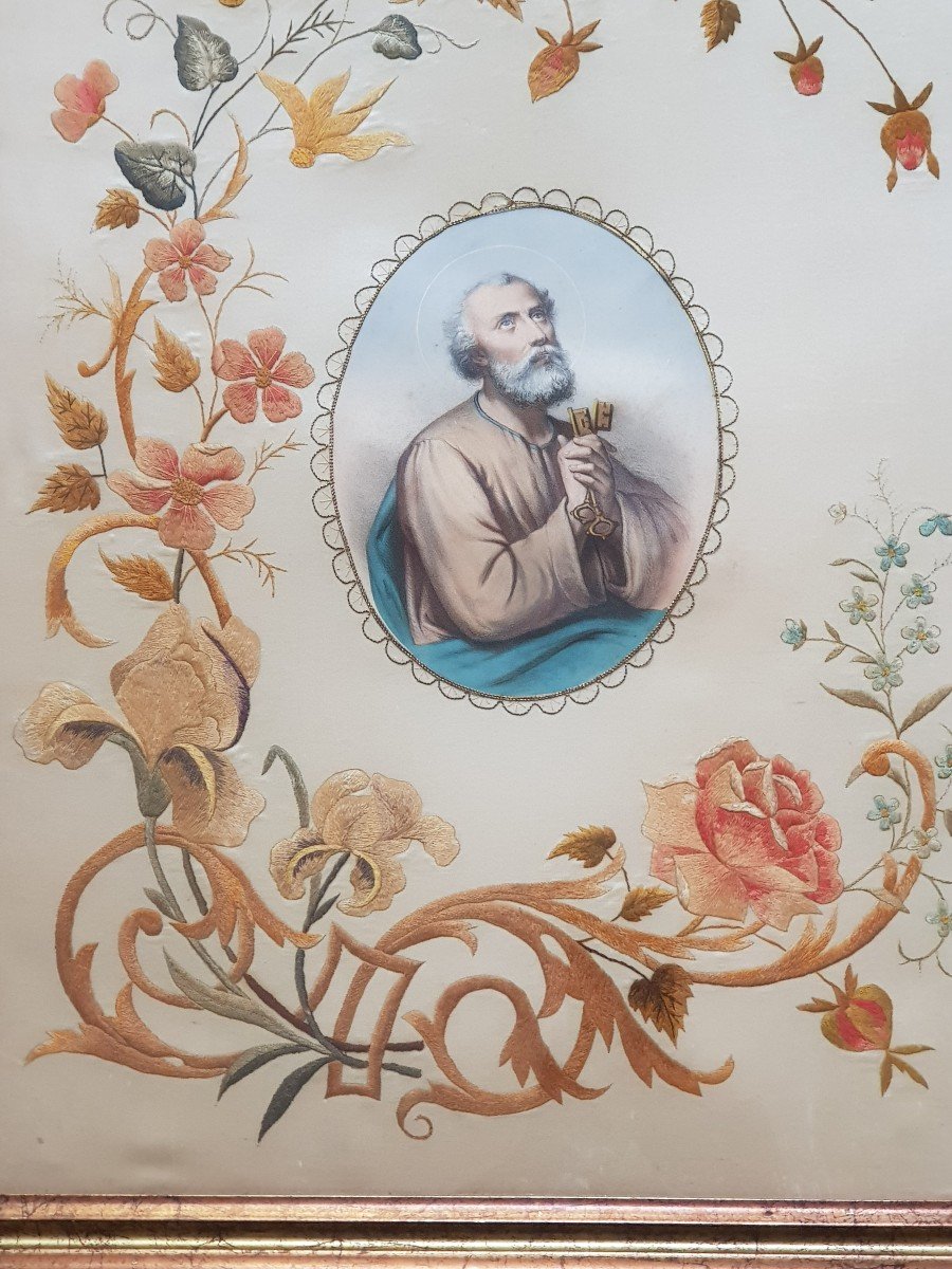 Engraving And Embroidery On Antique Silk From The 19th Century - St Peter-photo-2