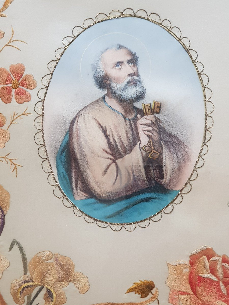 Engraving And Embroidery On Antique Silk From The 19th Century - St Peter-photo-3