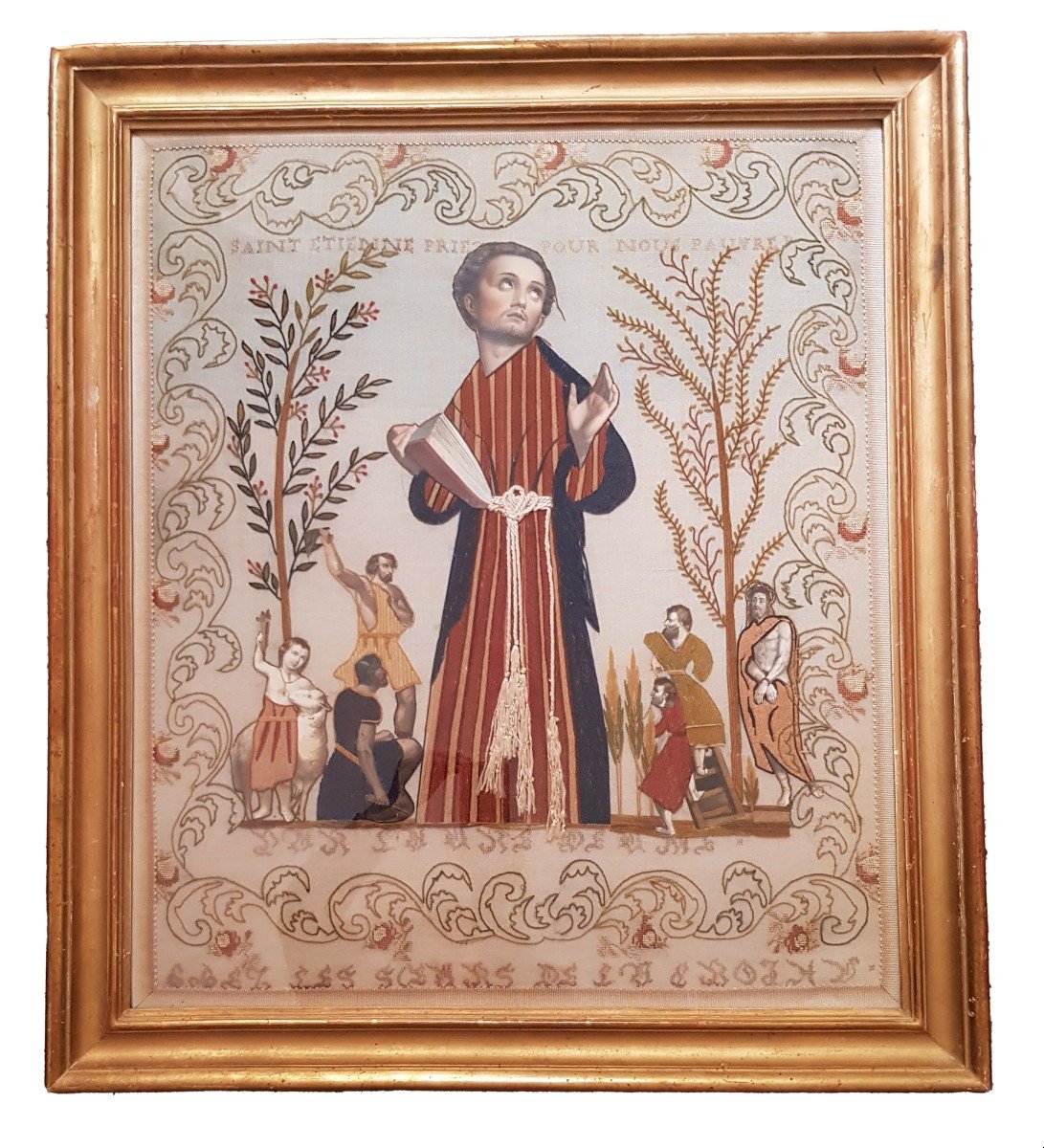 Large Antique Religious Embroidery From The 19th Century - St. Stephen