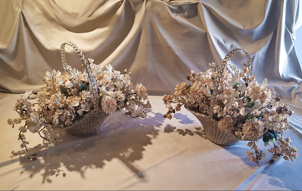 Pair Of Silver-plated Metal Baskets With Shell Flower Arrangement