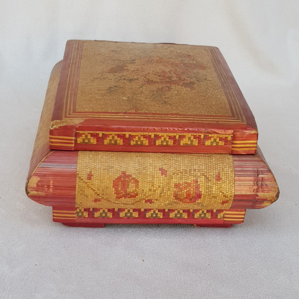 Antique 19th Century Straw Marquetry Box Decorated With Roses-photo-3