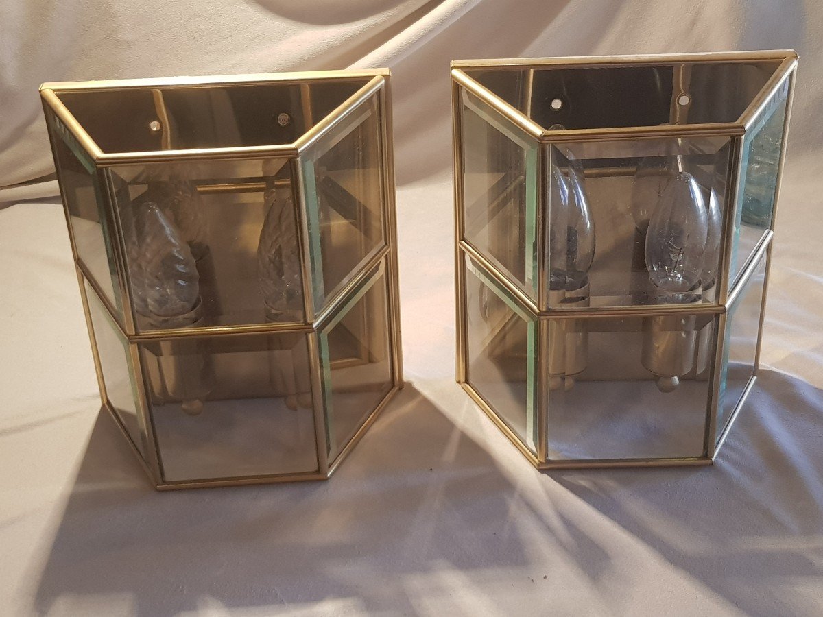 Pair Of Old Brass And Crystal Wall Lights