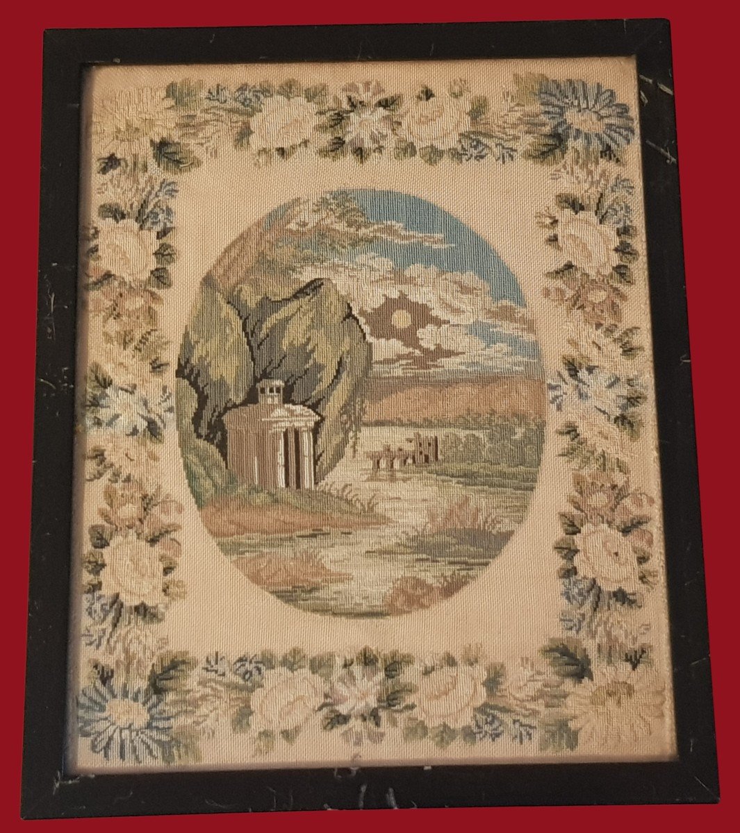 Landscape With Ruins Old Petit Point Embroidery