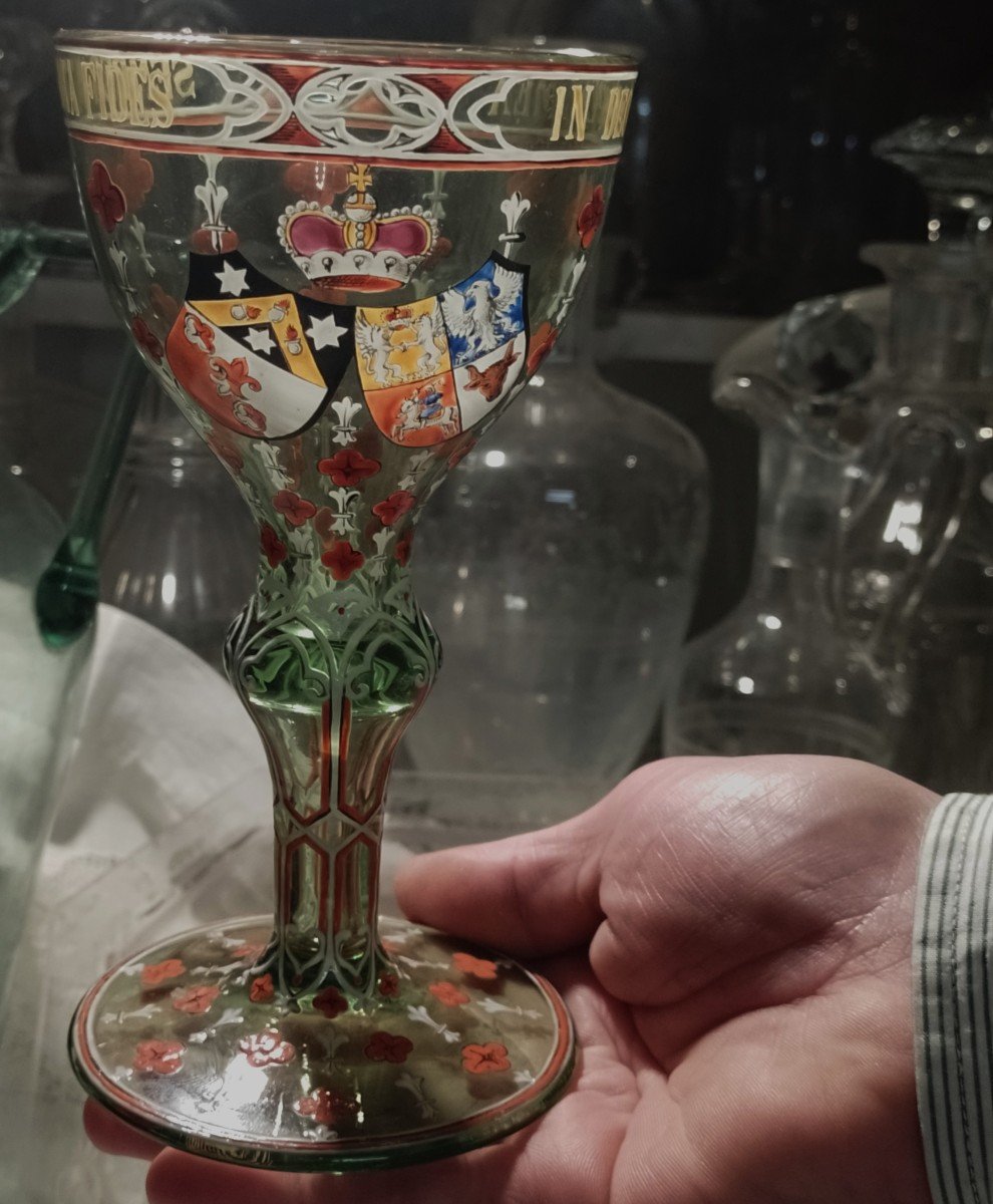 Old Lobmeyr Glass Enameled With Princely Alliance Coat Of Arms