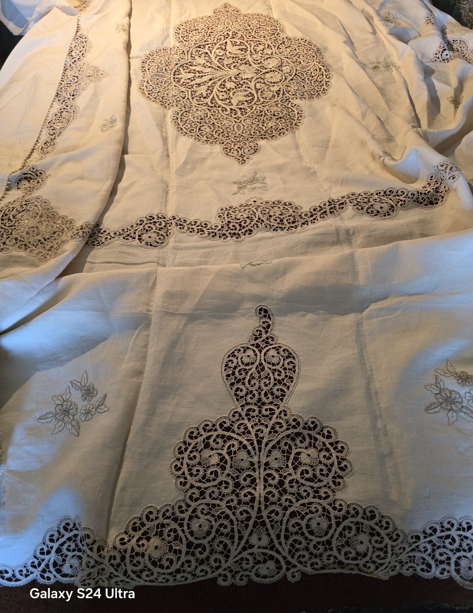 Antique Queen-bed Bedspread In Embroidered Linen And Cantù Lace 230x260 Cm-photo-2