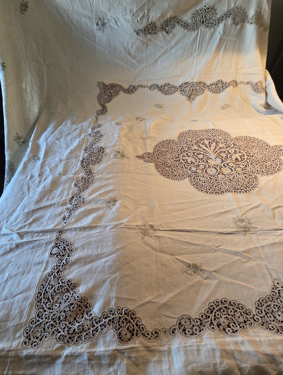 Antique Queen-bed Bedspread In Embroidered Linen And Cantù Lace 230x260 Cm-photo-3