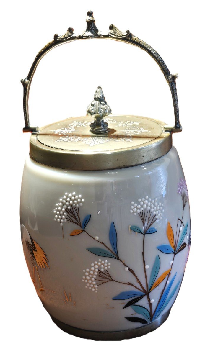 Antique Biscuit Tin In Enameled Soapy Opaline