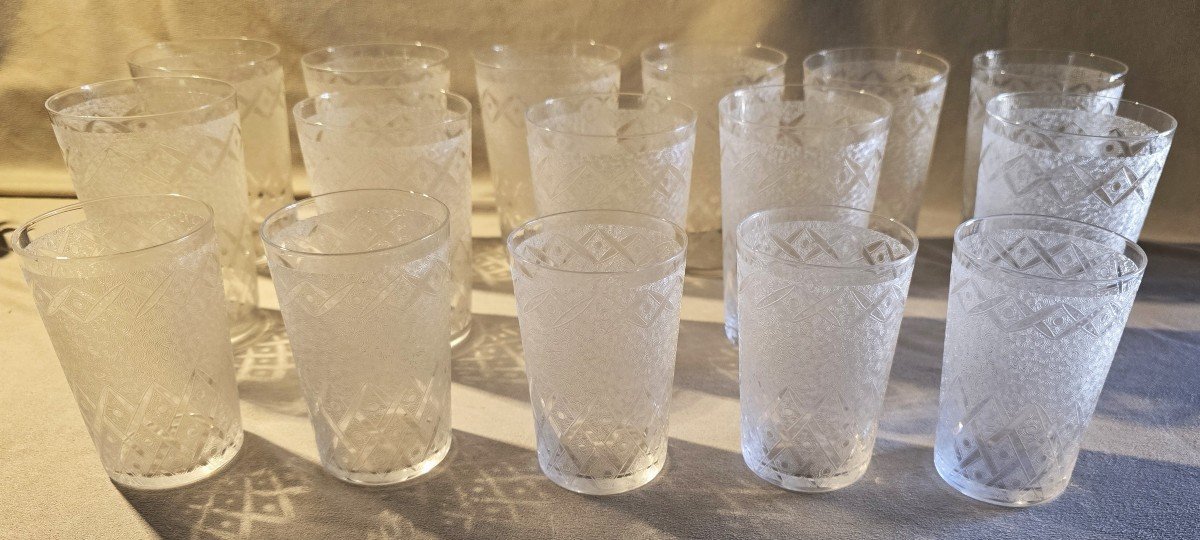 Set Of 15 Antique Acid-etched Crystal Goblets-photo-3