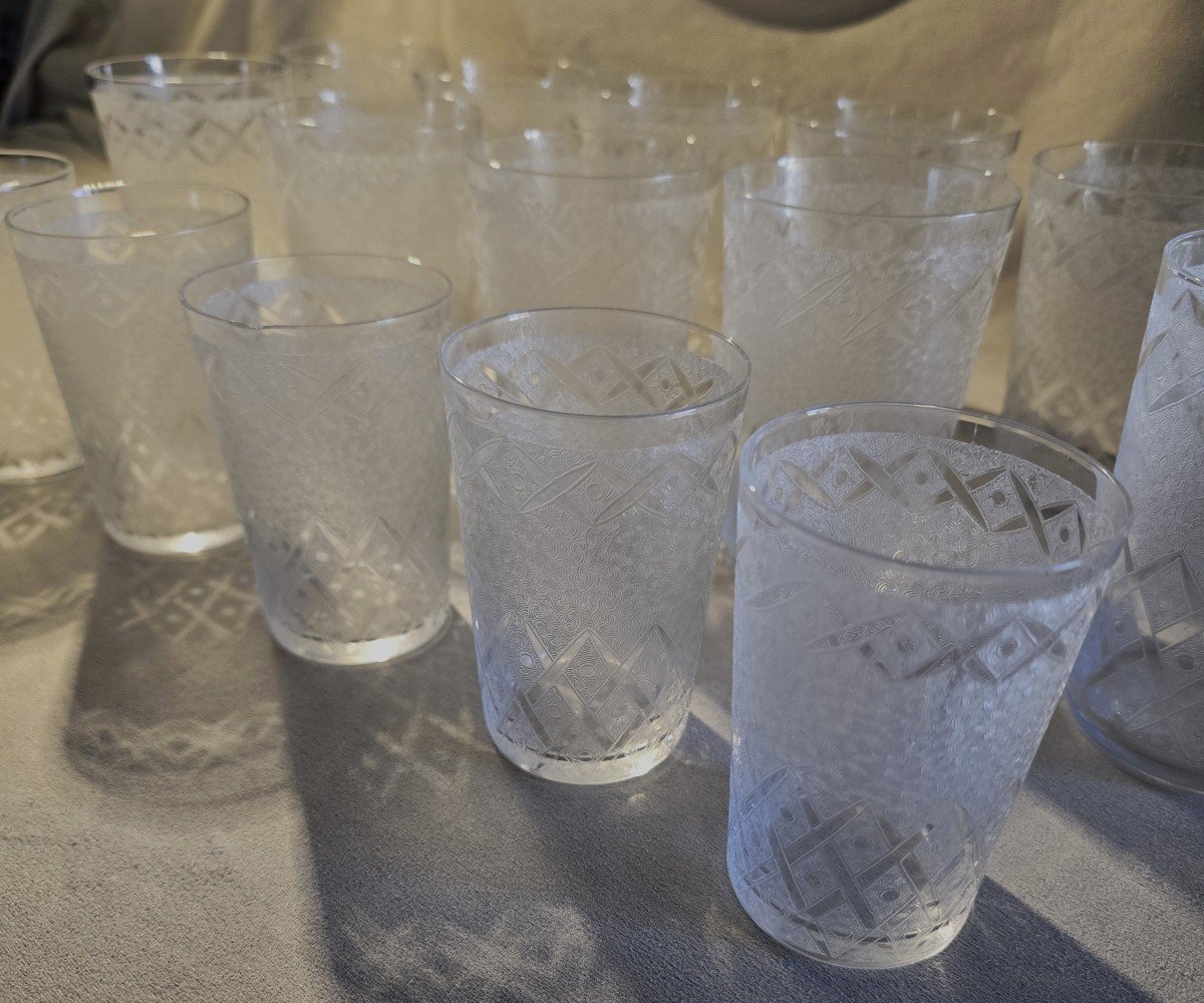 Set Of 15 Antique Acid-etched Crystal Goblets-photo-3