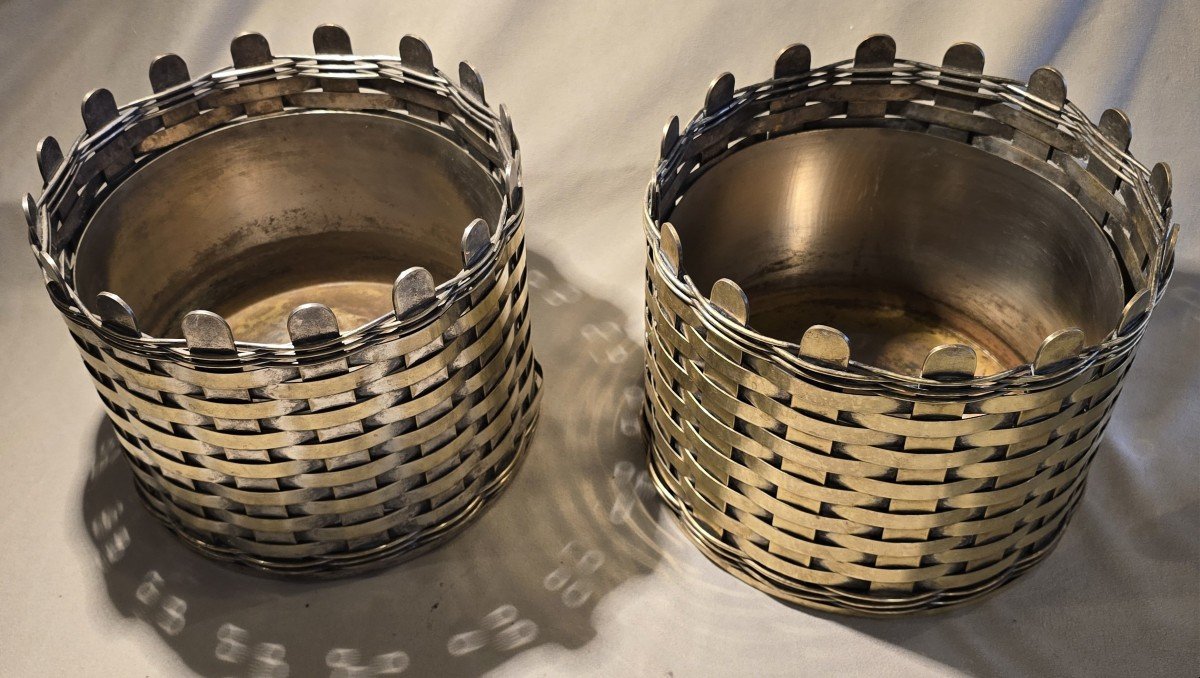 Pair Of Antique Cache-pots In Braided Silver-plated Metal-photo-2