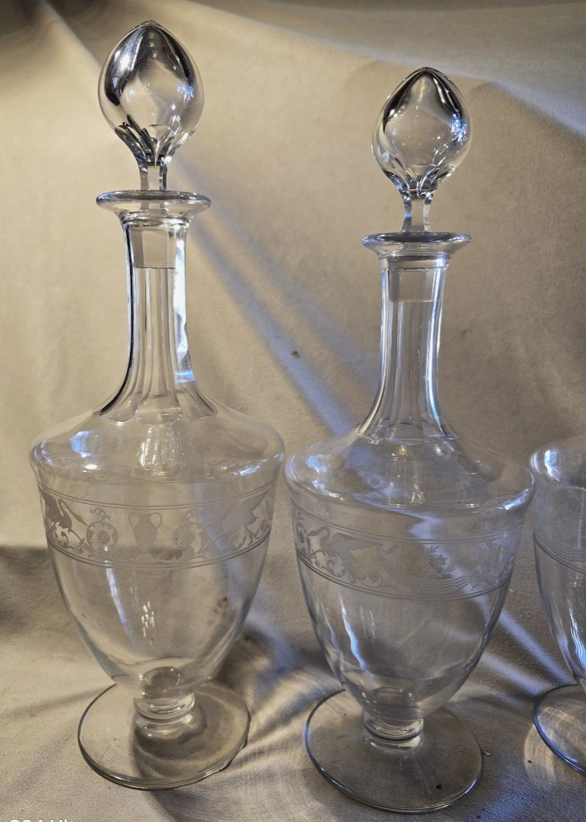 Set Of 4 Antique Decanter Carafes In Baccarat Crystal, Empire Swan Model.-photo-2