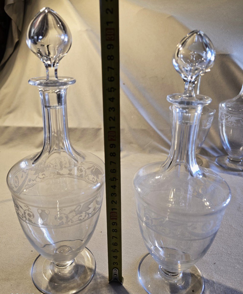 Set Of 4 Antique Decanter Carafes In Baccarat Crystal, Empire Swan Model.-photo-4