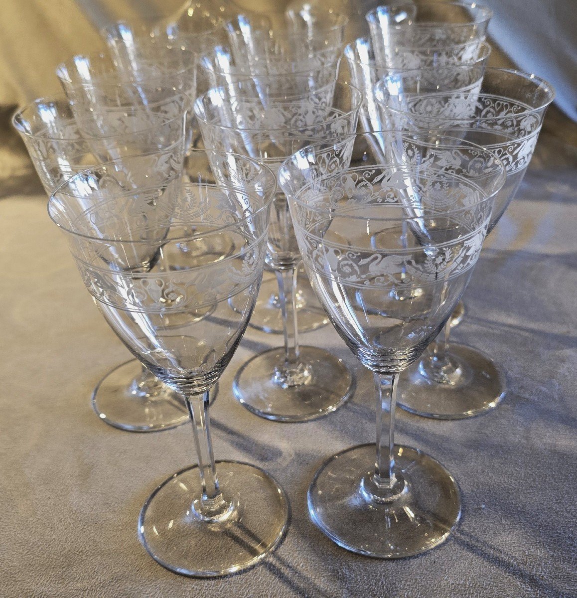 Set Of 11 Antique Water Glasses In Baccarat Crystal Empire Swan Model