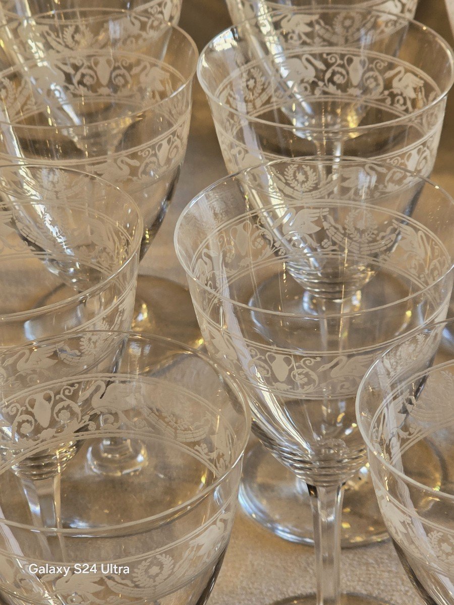 Lot Of 11 Antique Wine Glasses, Height 16.5 Cm, In Baccarat Crystal, Swan Empire Model-photo-3