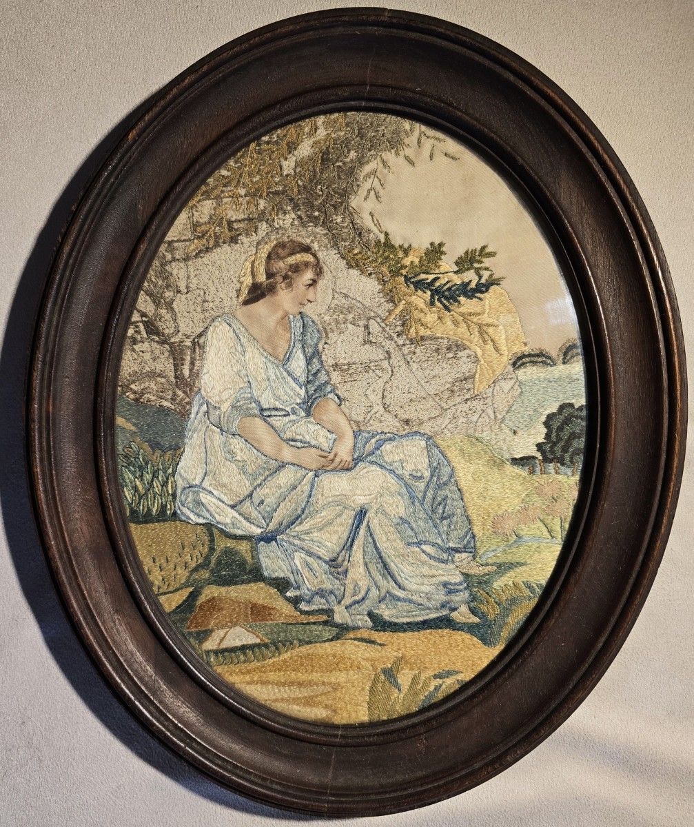 Ancienne Peinture à l'Aiguille Broderie Sur Soie