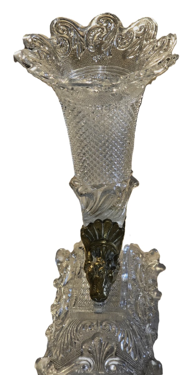 Vase Ancien En Cristal Et Bronze En Forme De Corne d'Abondance Dans Le Gout Baccarat-photo-3