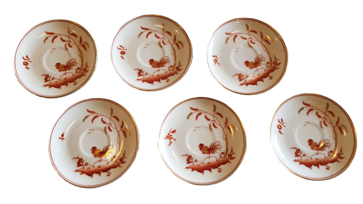 Lot Of 6 Small Antique Plates In Richard Ginori Doccia Porcelain With Red Roosters