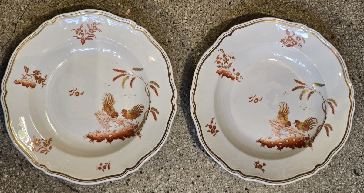 Lot Of 7 Antique Plates In Richard Ginori Doccia Porcelain With Red Rooster Decoration-photo-2