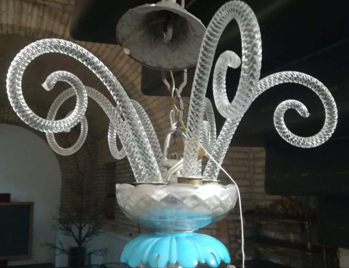 Antique Bohemian Crystal Chandelier 6 Lights Bobèches And Turquoise Opaline Flowers-photo-2