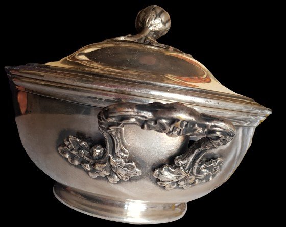 Beautiful XIX Soup Tureen In Silver Metal With Princely Crown-photo-4