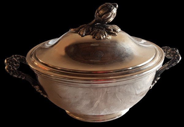 Beautiful XIX Soup Tureen In Silver Metal With Princely Crown