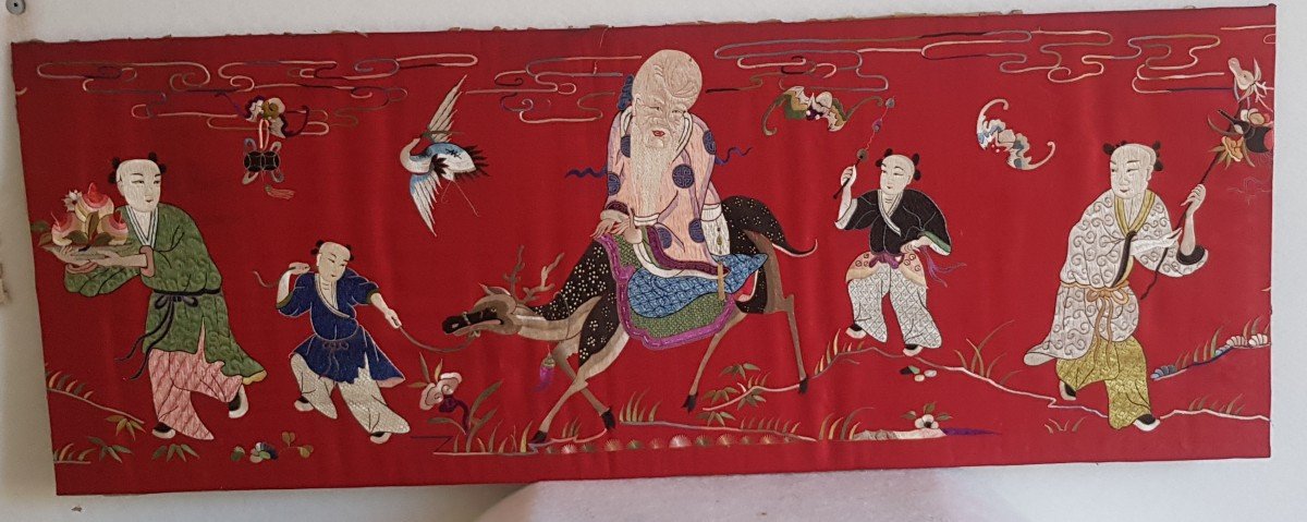 Tenture  Broderie en Soie Chinoise XIXème  Encadrée Cm 135x 32