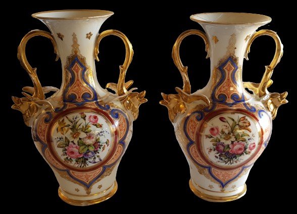 Pair Of Louis Philippe Porcelain Vases H 32 Cm-photo-2