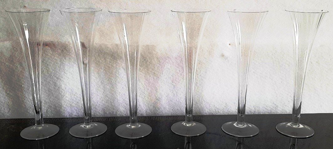 6 Large Old Champagne Flutes In Blown Glass Height 25 Cm