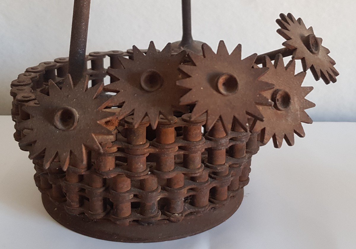 Art Brut Sculpture Basket Flowers In Iron-photo-4