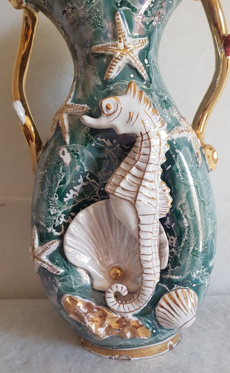 Large Italian Faience Vase XX S 1950s Seahorse Shells And Other Marine Symbols-photo-2