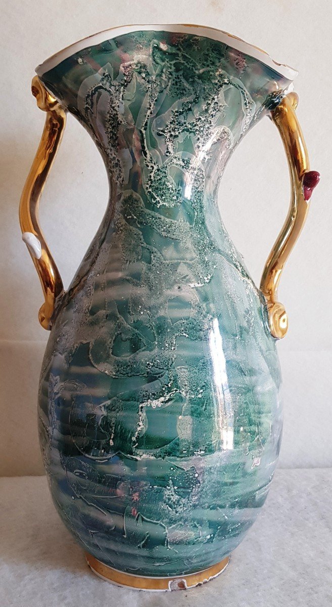 Large Italian Faience Vase XX S 1950s Seahorse Shells And Other Marine Symbols-photo-2